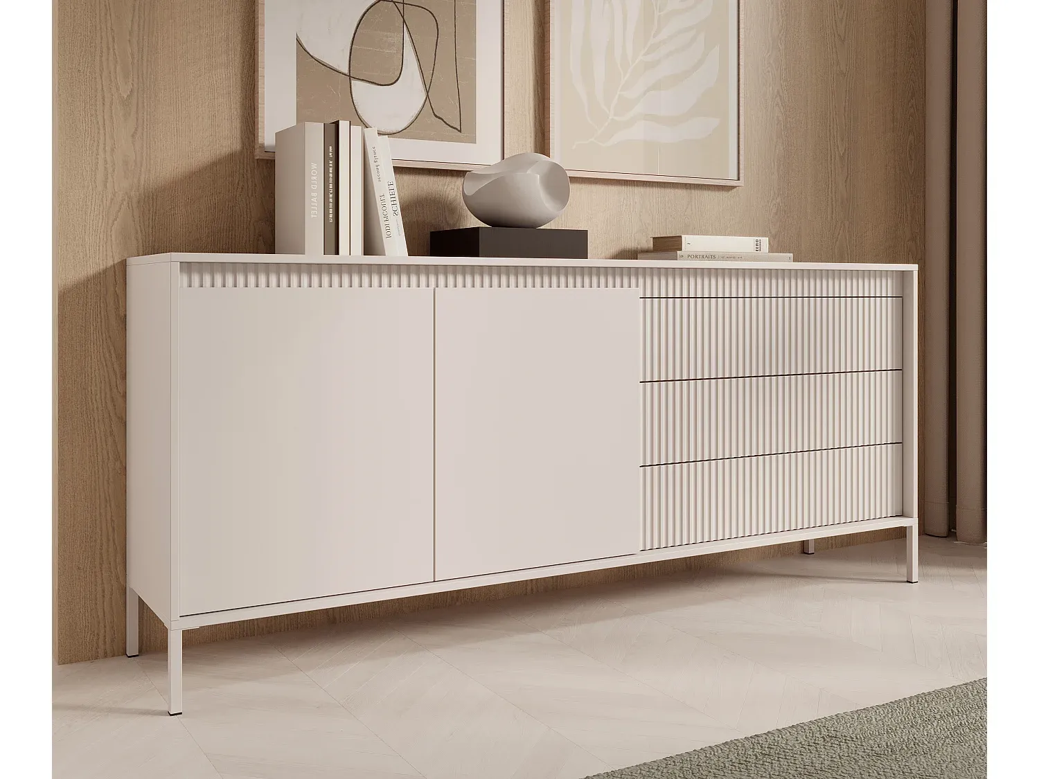 Große Beige Kommode mit Riffelstruktur 187 cm