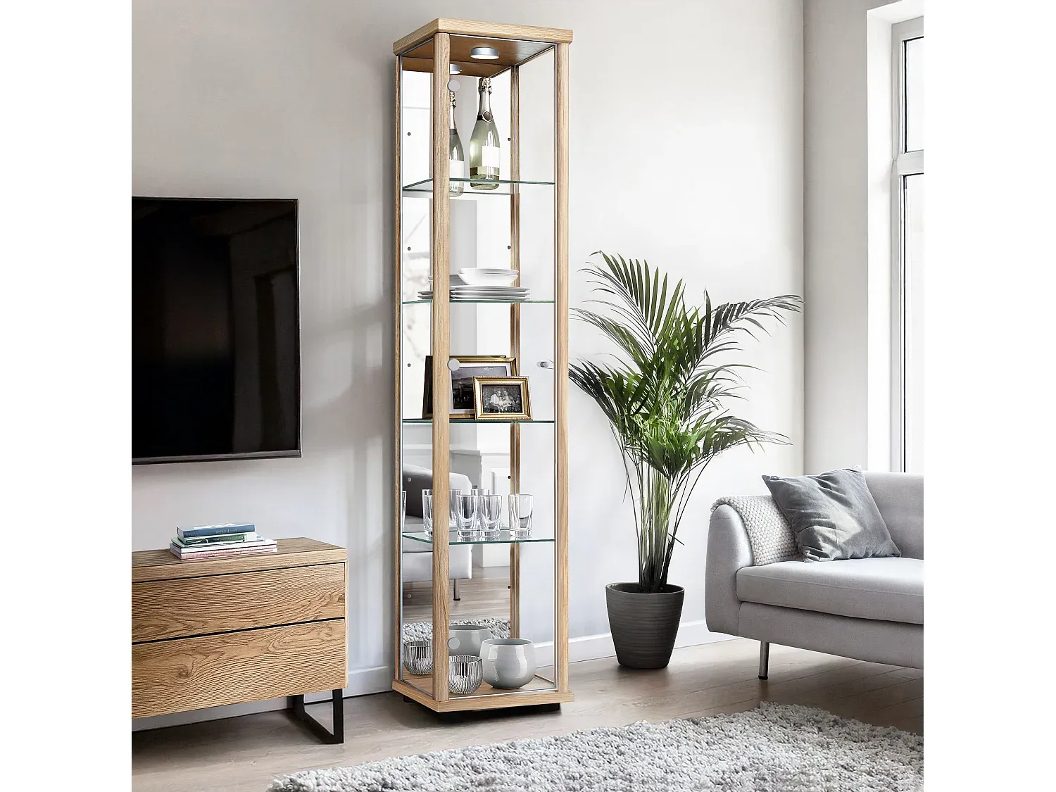 Standvitrine mit LED-Beleuchtung und höhenverstellbaren Glasböden