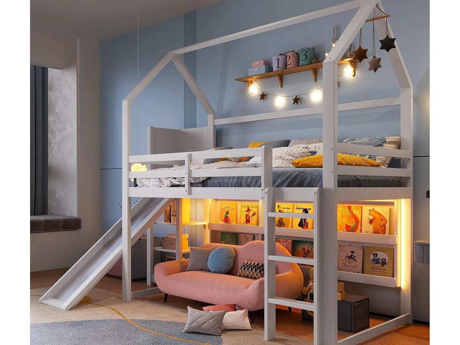 Kinderhochbett mit LED-Leuchte und Rutsche, Weiß, 90x200 cm