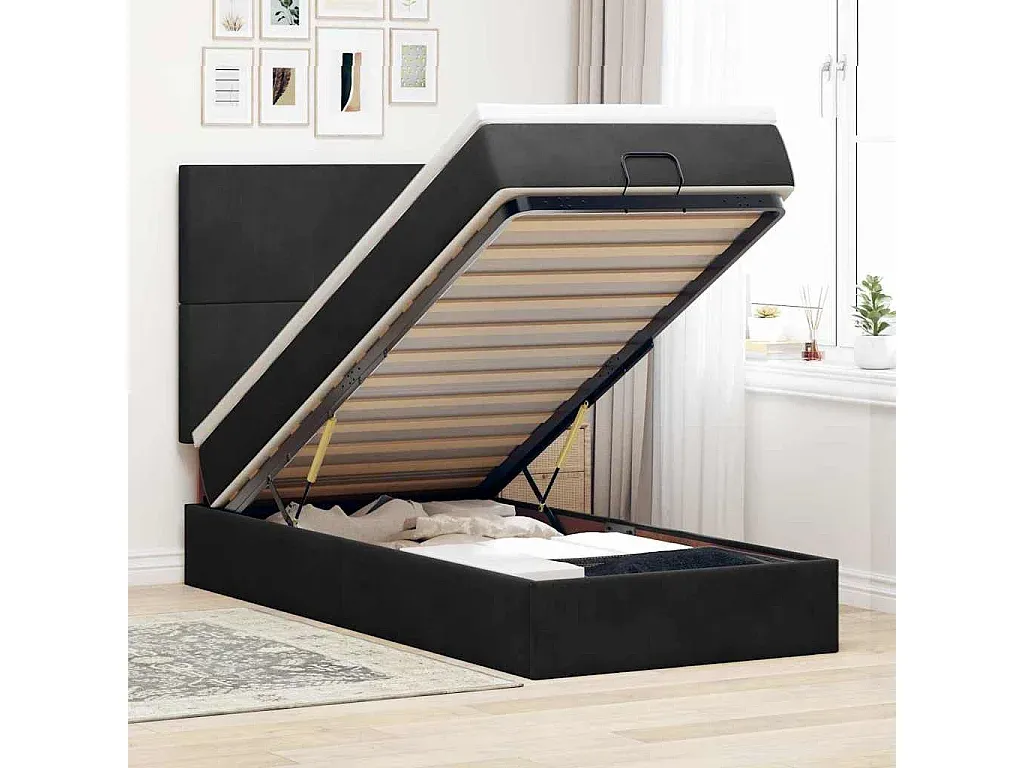 Polsterbett mit Matratze und LED-Beleuchtung in Schwarz, 100x200 cm