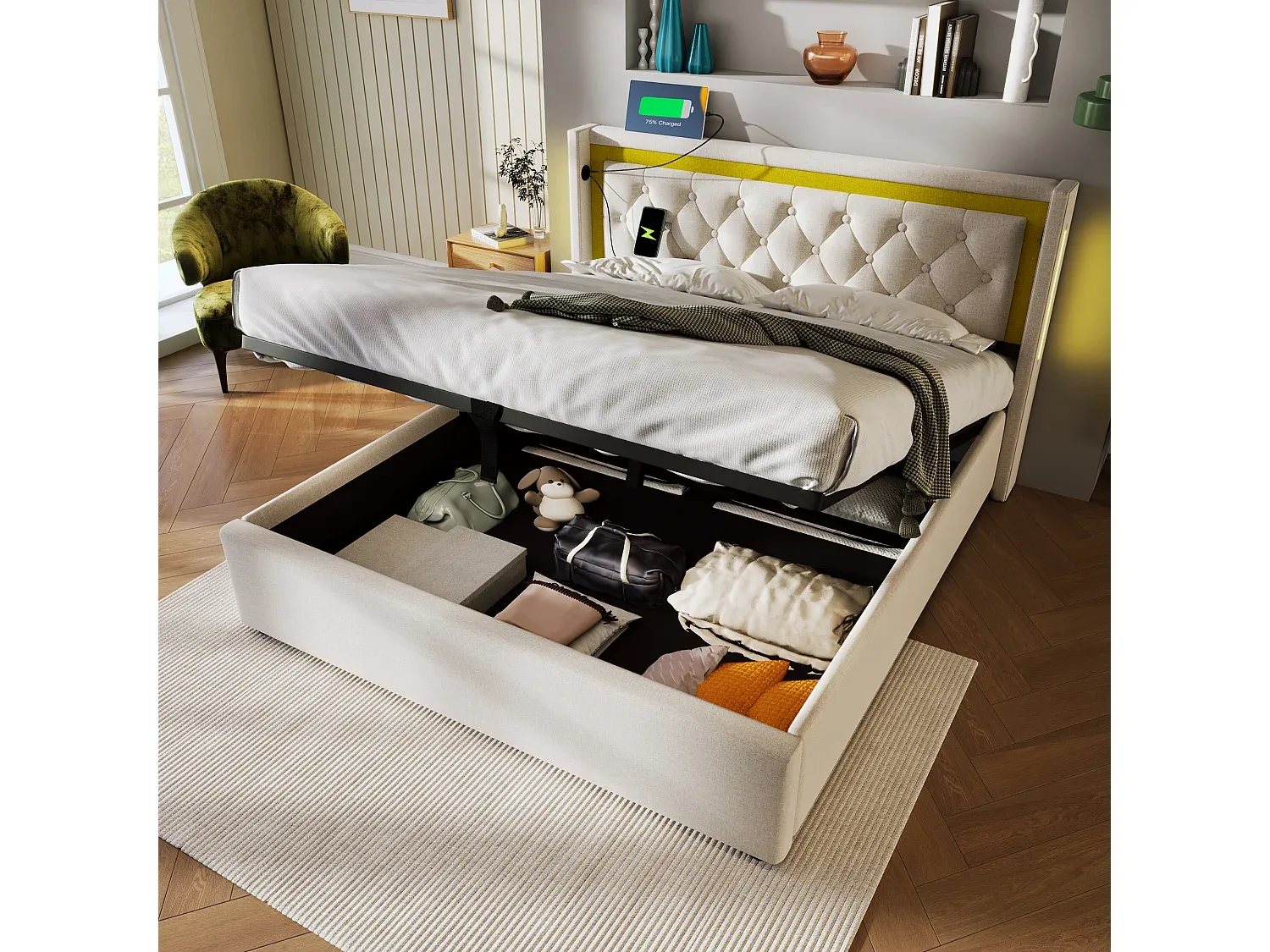 Stauraumbett 160 x 200 cm mit LED-Beleuchtung und USB Typ C, Beige inklusive Matratze