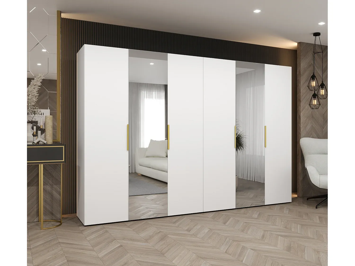 Großer Kleiderschrank mit Drehflügeltüren und goldenen Akzenten