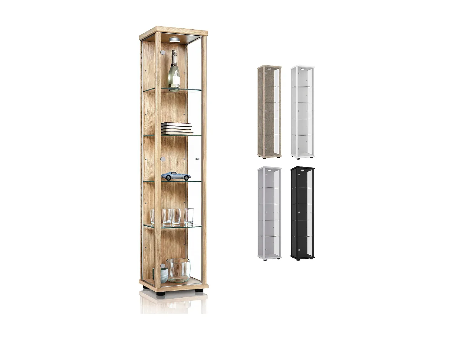 Standvitrine mit LED-Beleuchtung und höhenverstellbaren Glasböden