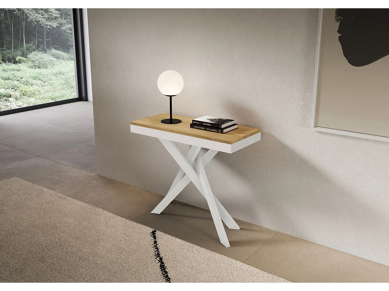 Verlängerbarer Esstisch aus Eichenholz mit weißem Gestell