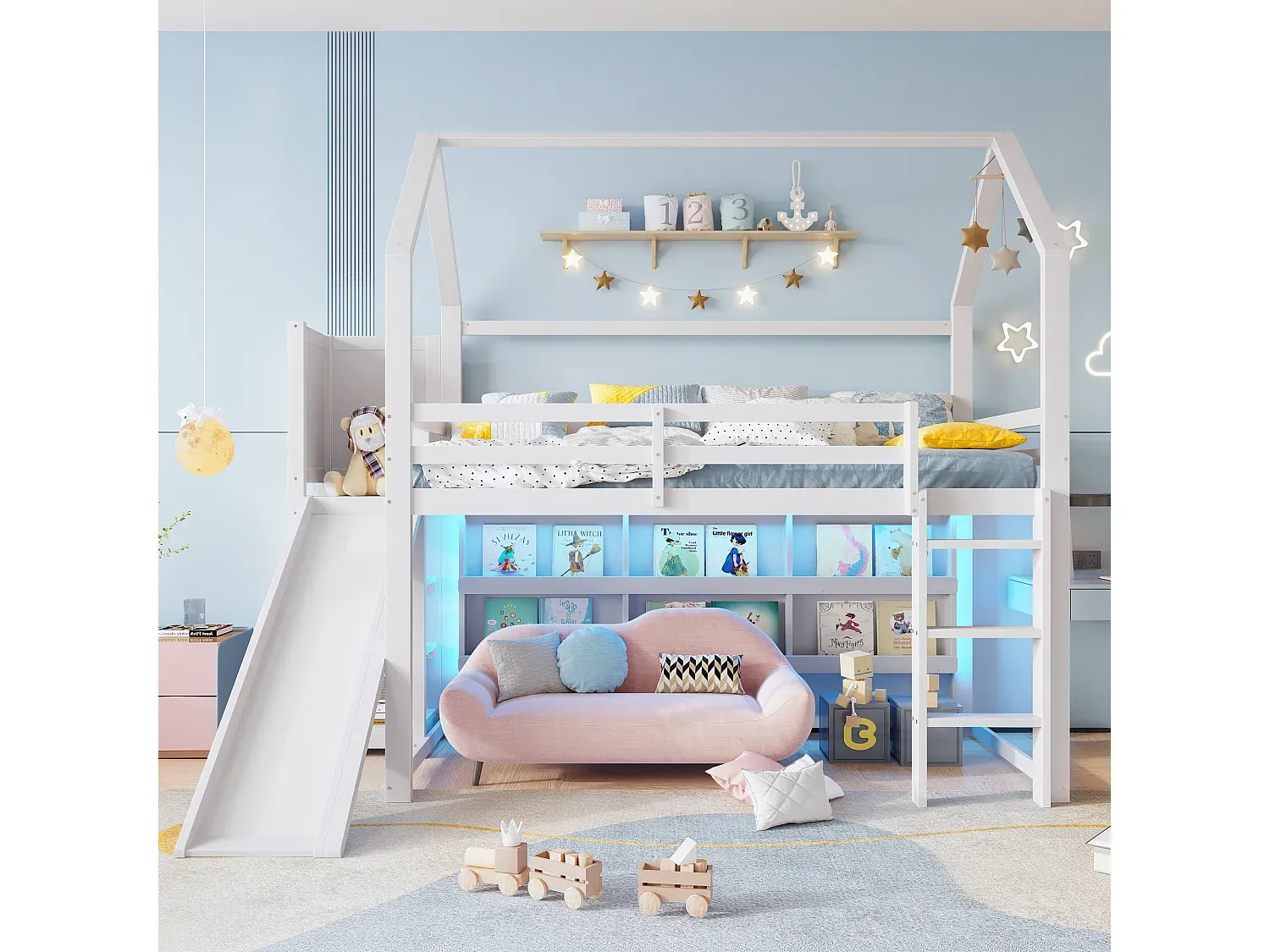 Kinderhochbett mit LED-Leuchte und Rutsche, Weiß, 90x200 cm