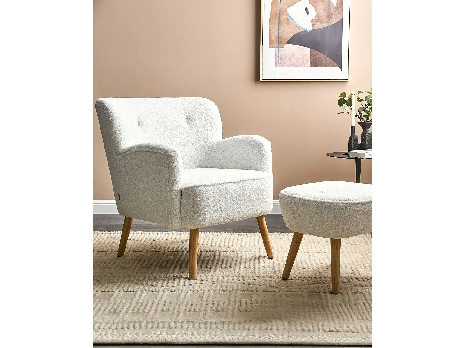 Retro Sessel mit Hocker in Weiß
