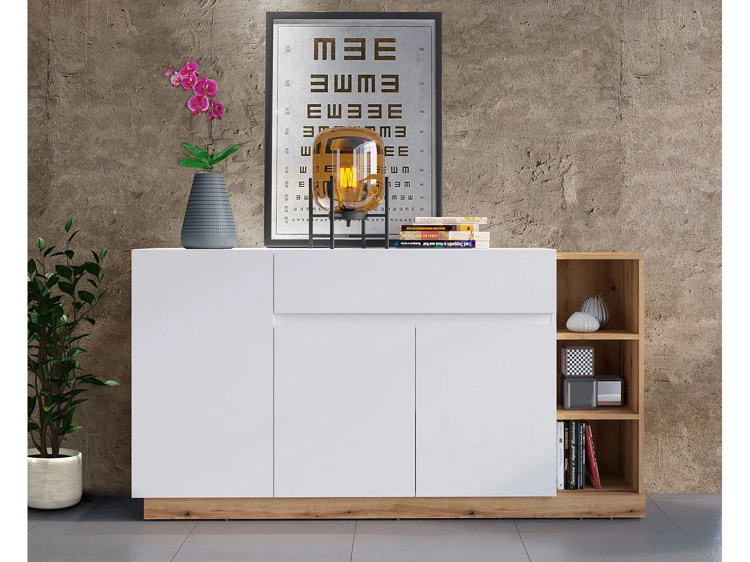 Moderne Kommode in Weiß und Eichenoptik, 163x40x86cm