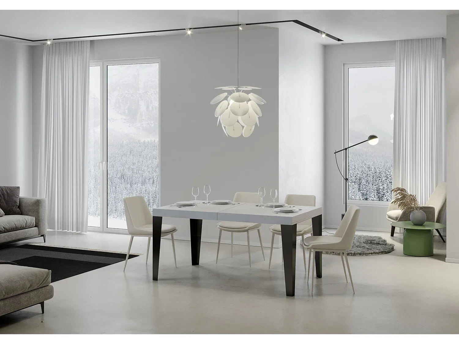 Großer Ausziehtisch in Weiß mit Anthrazit Eisenrahmen