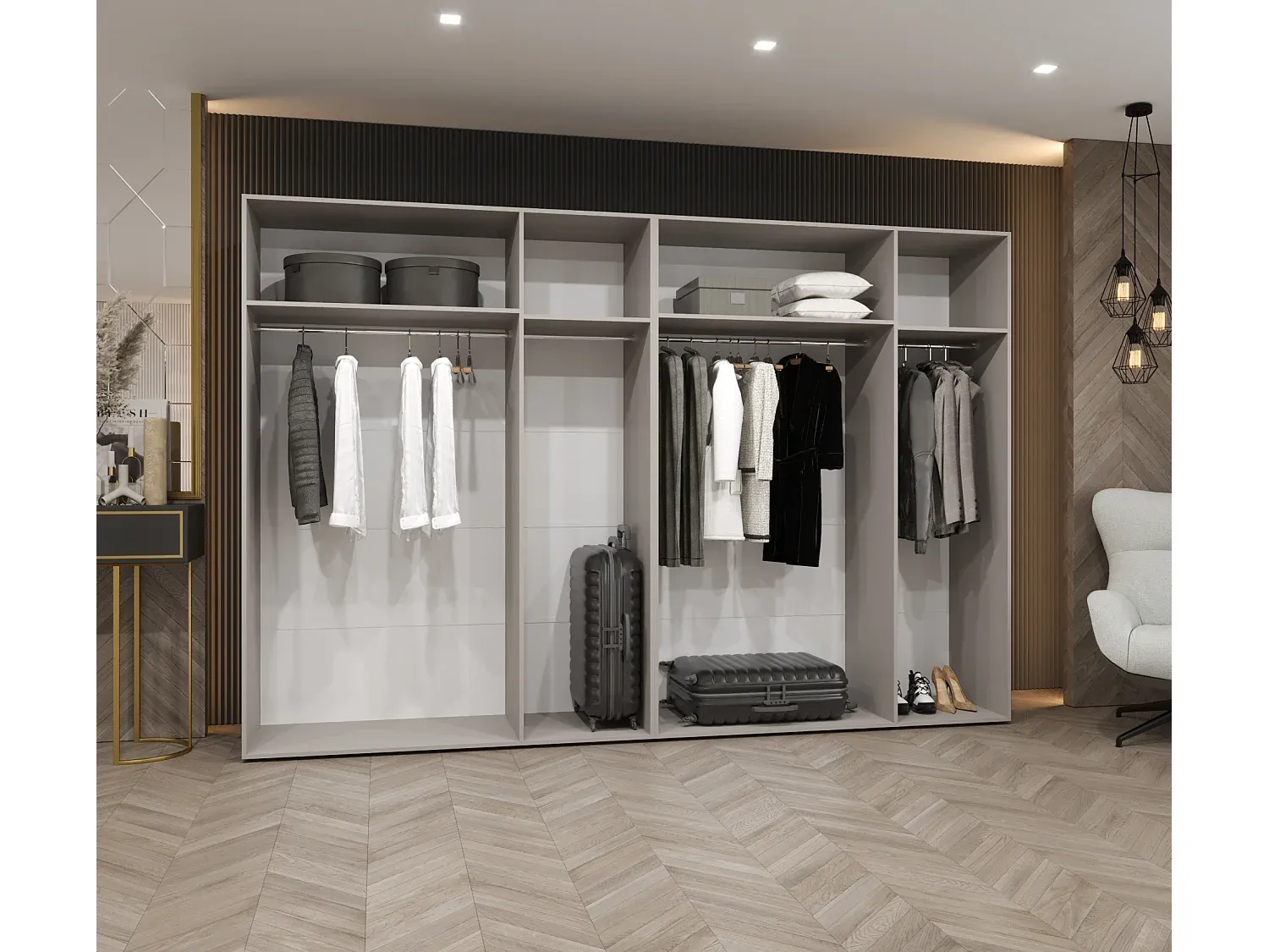 Großer Kleiderschrank mit Drehflügeltüren und goldenen Akzenten