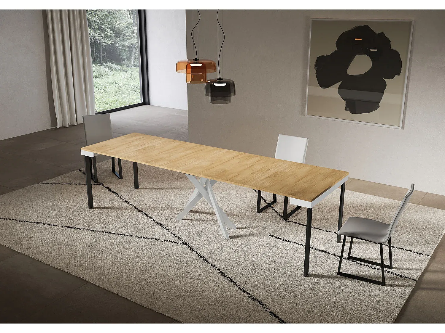 Verlängerbarer Esstisch aus Eichenholz mit weißem Gestell