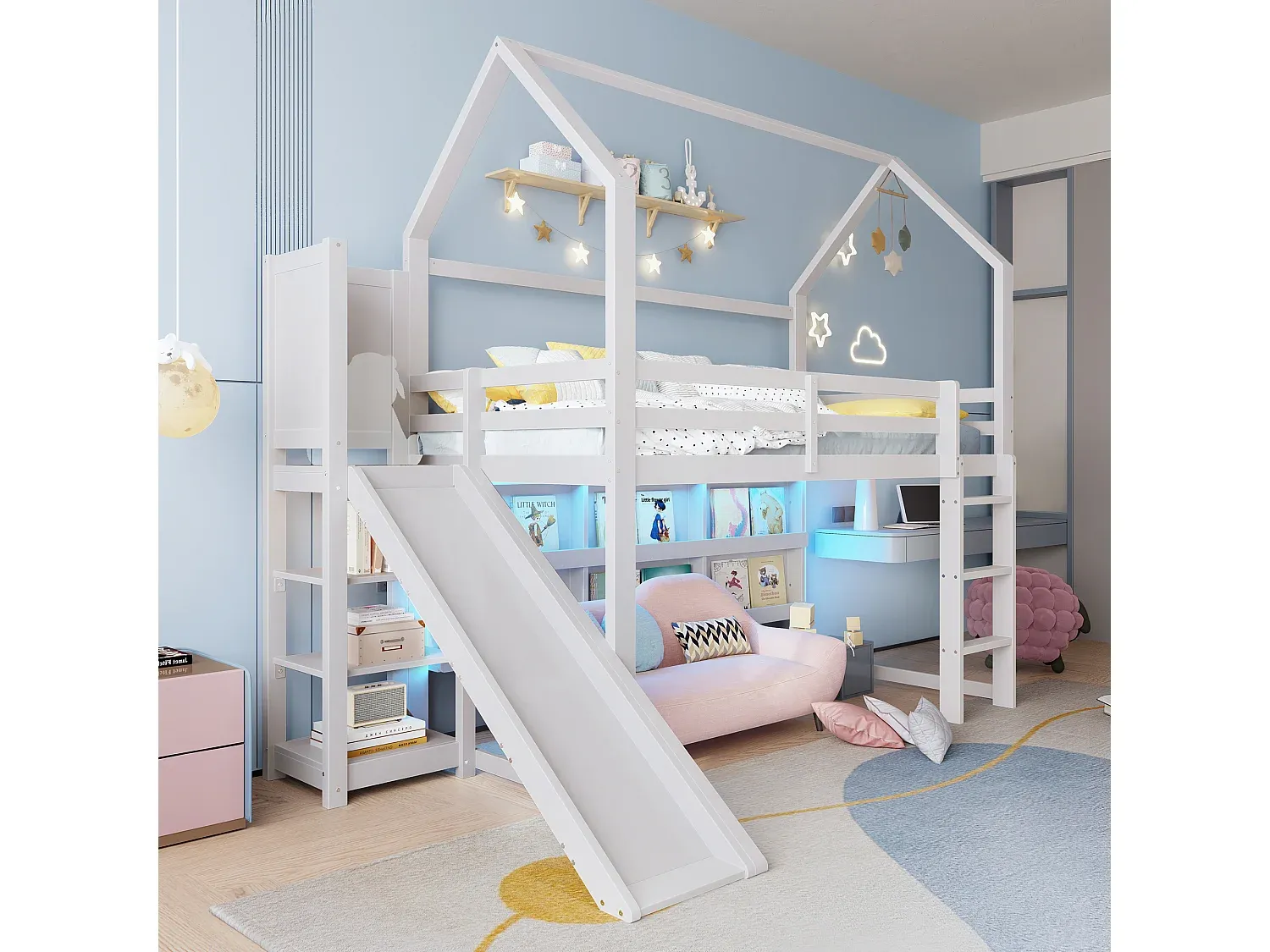 Kinderhochbett mit LED-Leuchte und Rutsche, Weiß, 90x200 cm