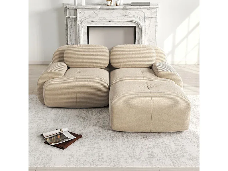 Beiges Ecksofa mit Hocker und Kissen aus Samt, ergonomisches Design