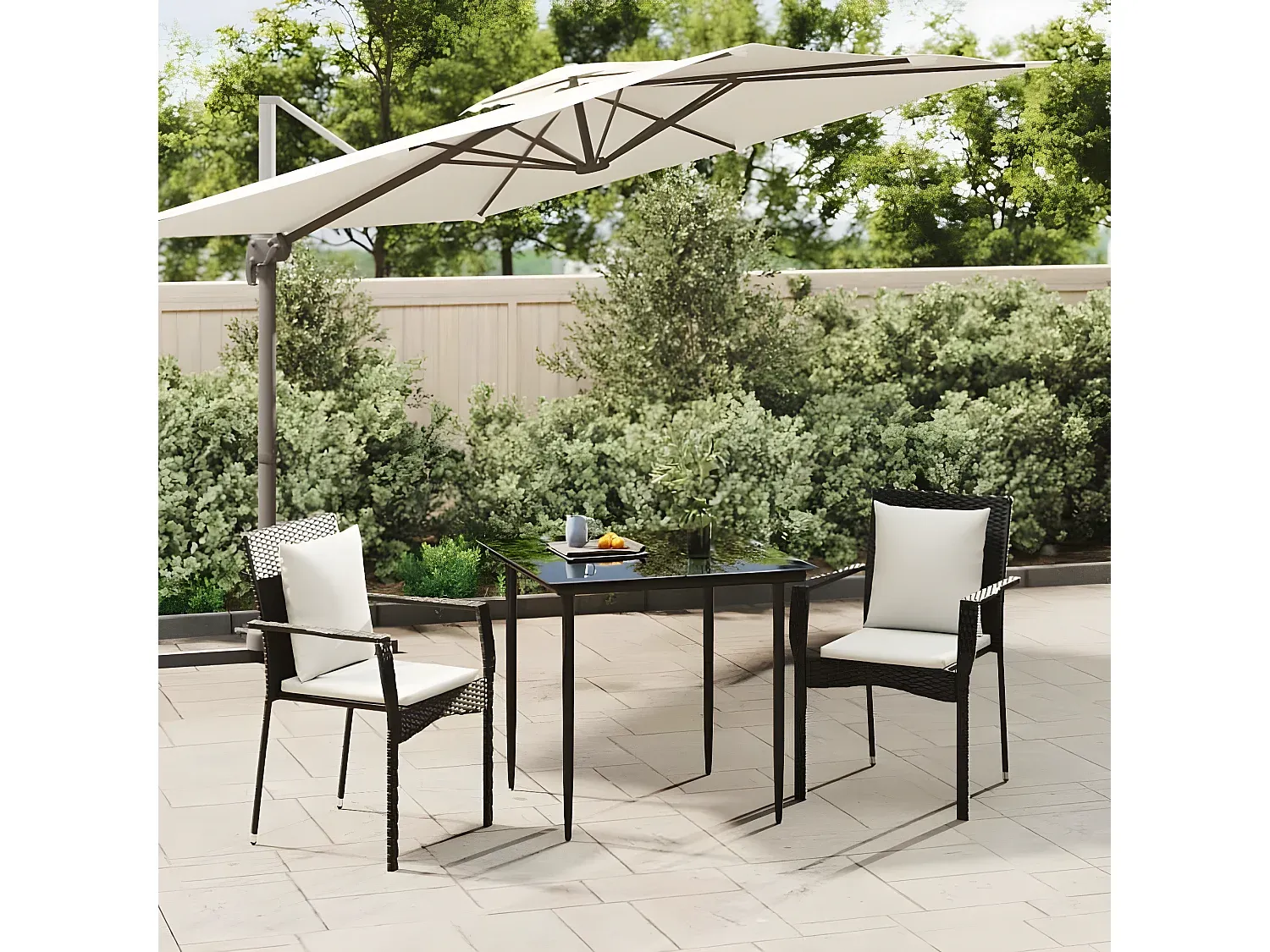 Garten-Essgruppe 3-teilig mit Kissen, Schwarz Poly Rattan