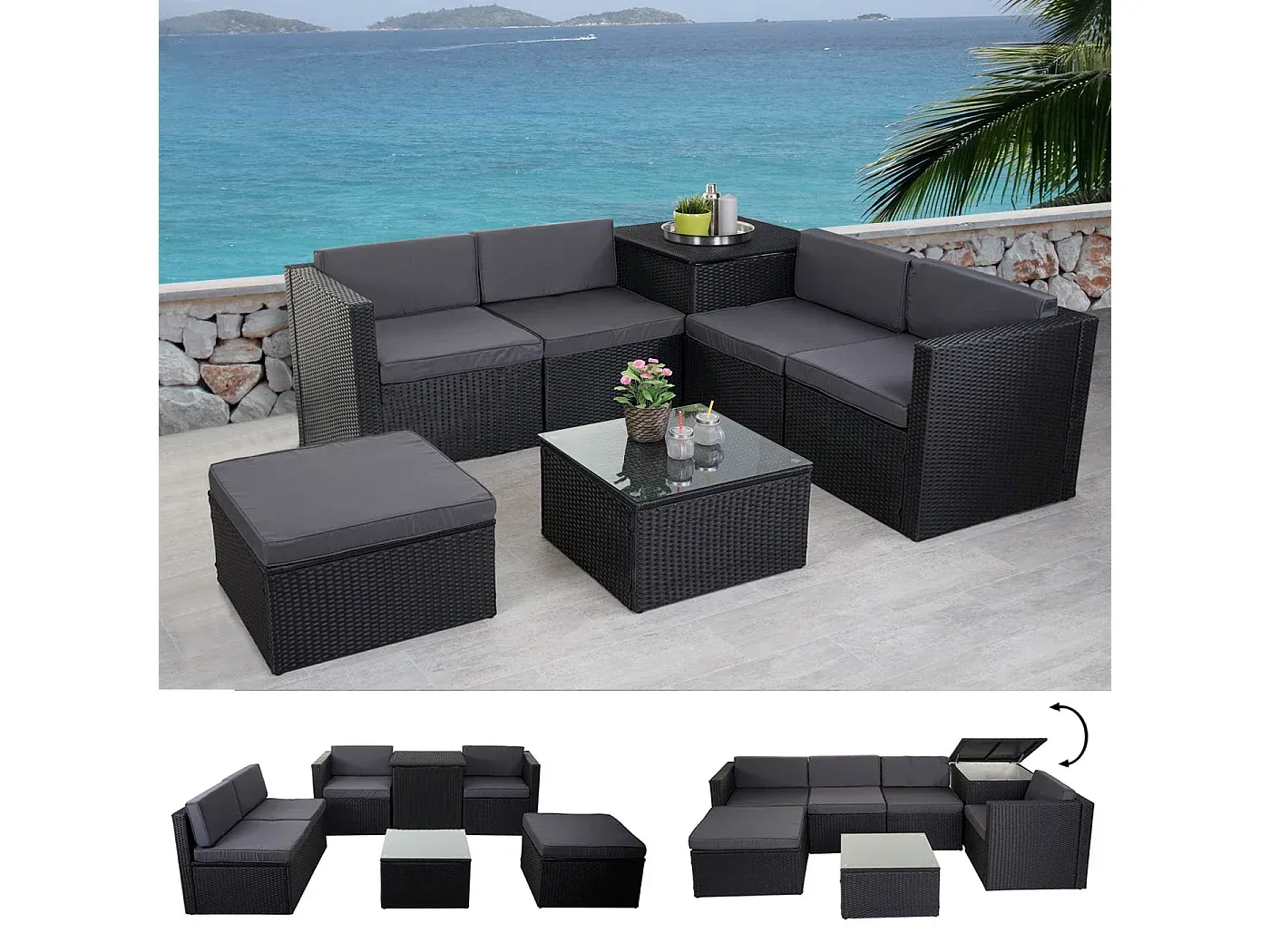 Gartenmöbelset mit Stauraum und dunkelgrauen Kissen