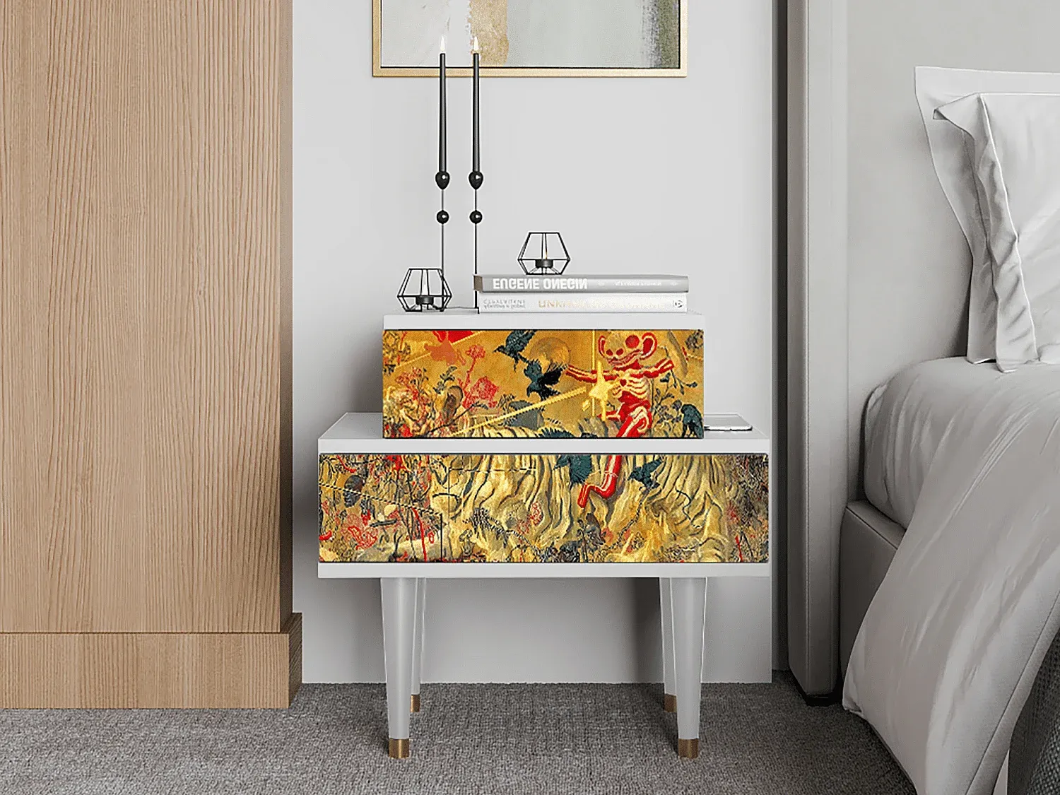 Moderner Nachttisch mit Kunstdesign, Weiß