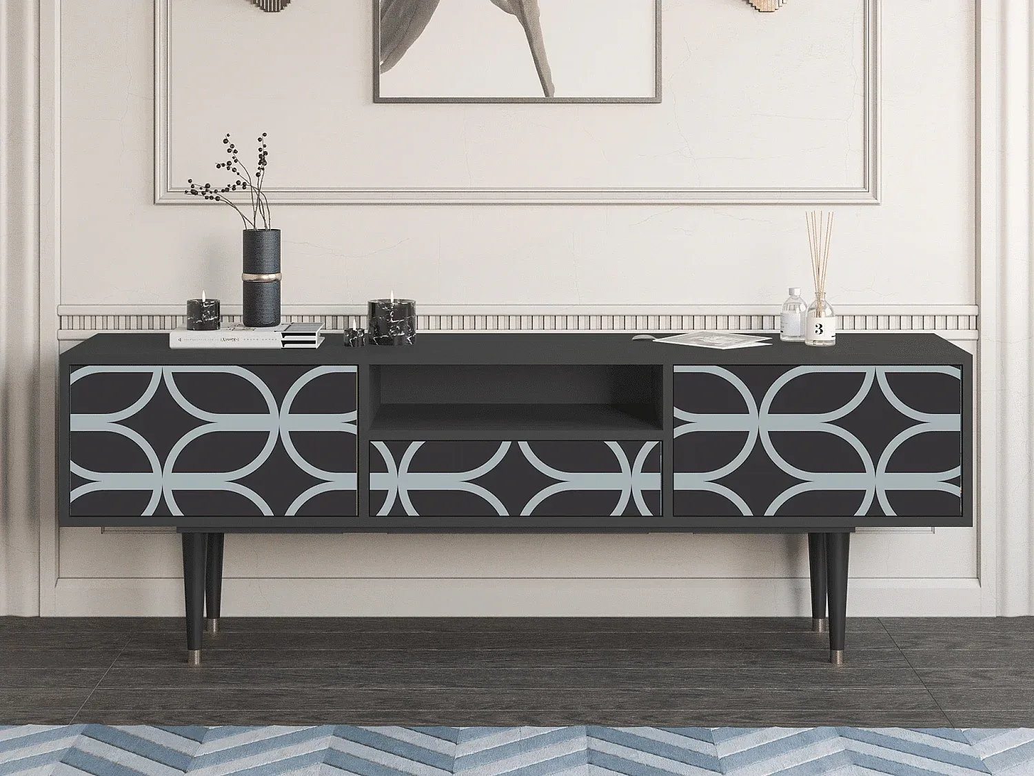 Moderne TV-Bank in Geflechtmuster Blau und Anthrazit, 170x59x41 cm