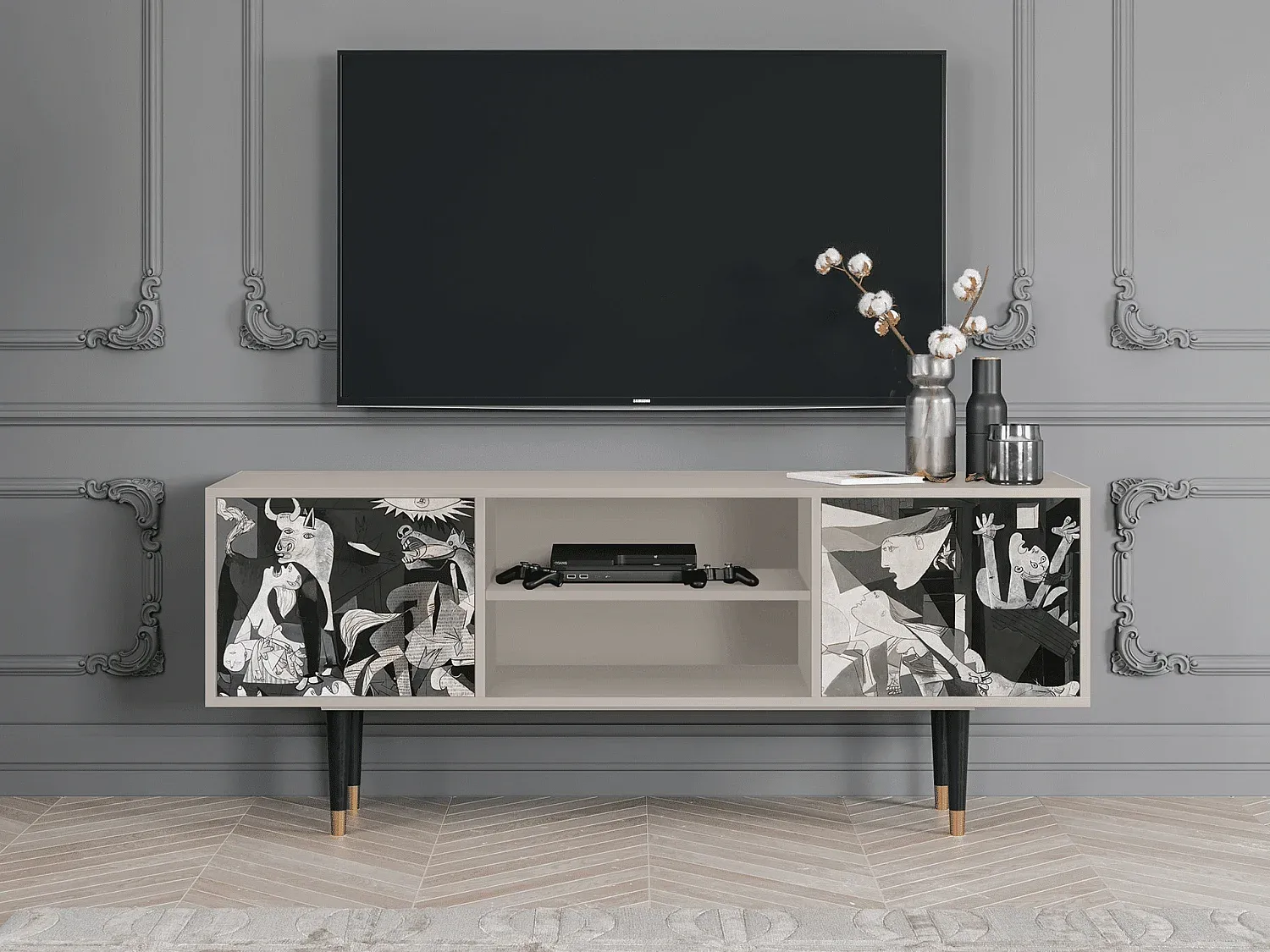 Fernsehmöbel in Eichenoptik mit Kunstmotiv