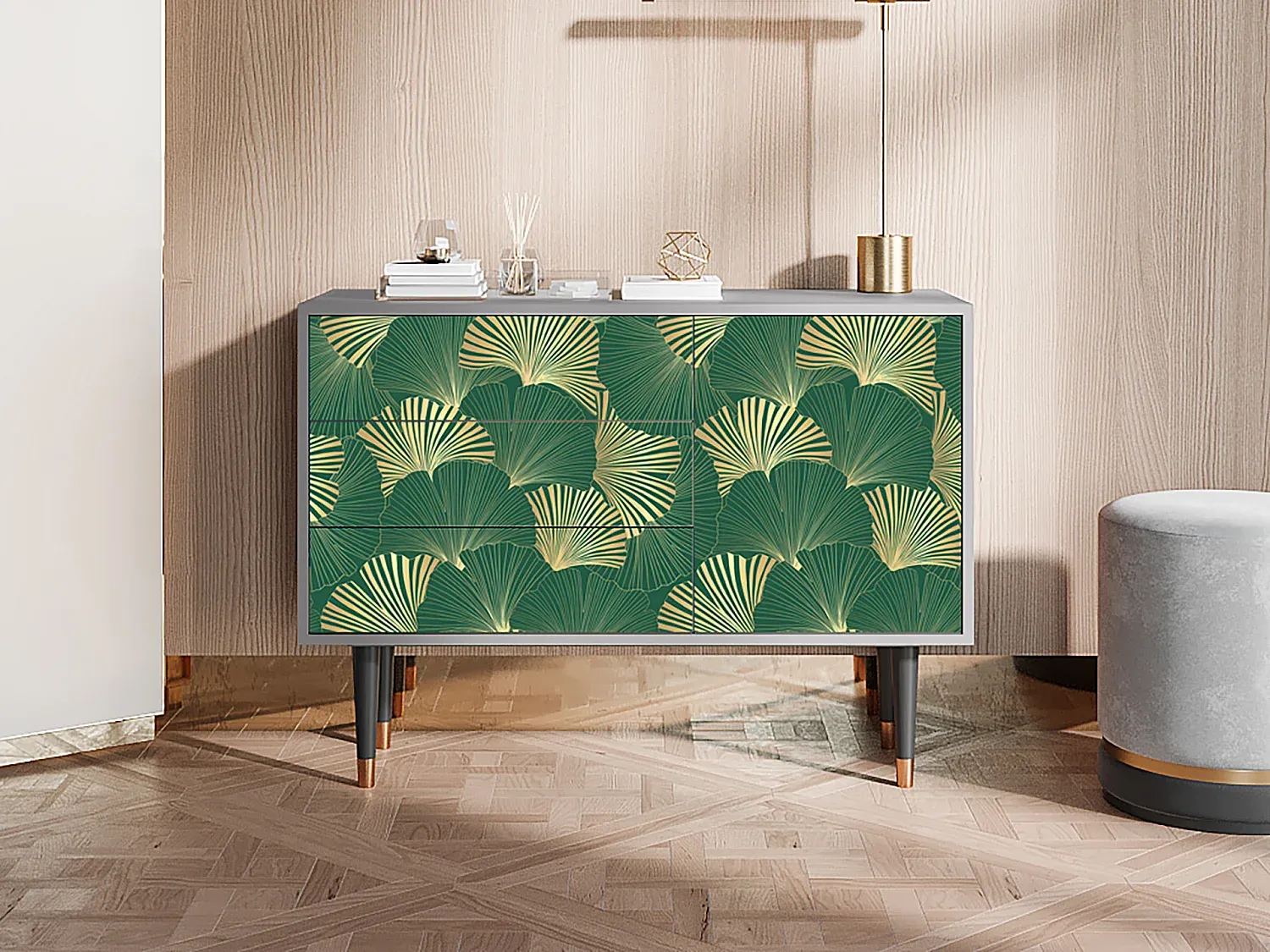 Elegantes Sideboard mit Ginkgo-Muster, Grau