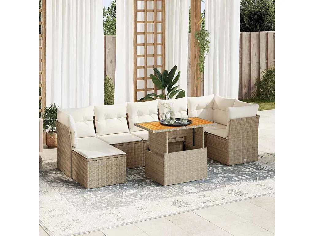 Komfortable Gartensofagarnitur aus Poly Rattan mit Kissen, Beige