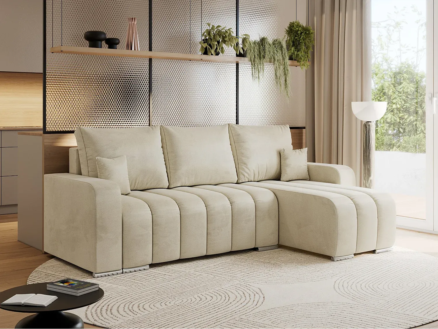 Ecksofa mit Schlaffunktion und Stauraum, Samt Beige