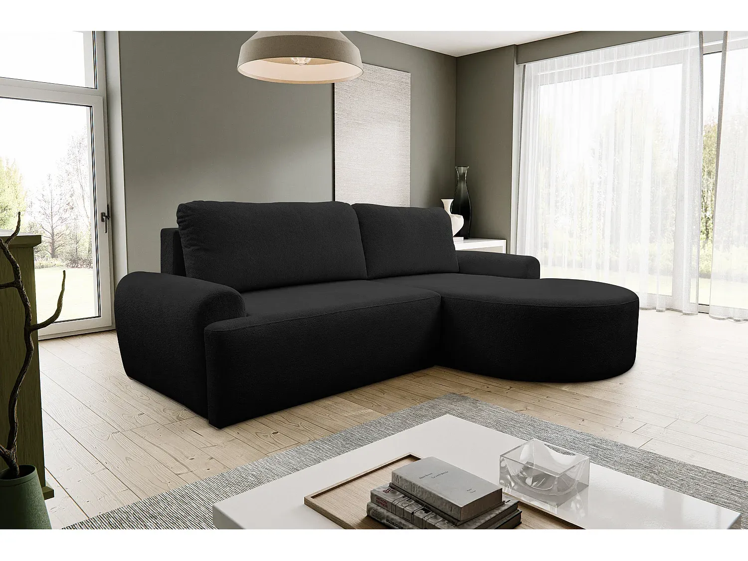 L-förmiges Sofa mit Schlaffunktion und Stauraum, Bouclé-Stoff, Schwarz, Ottomane rechts