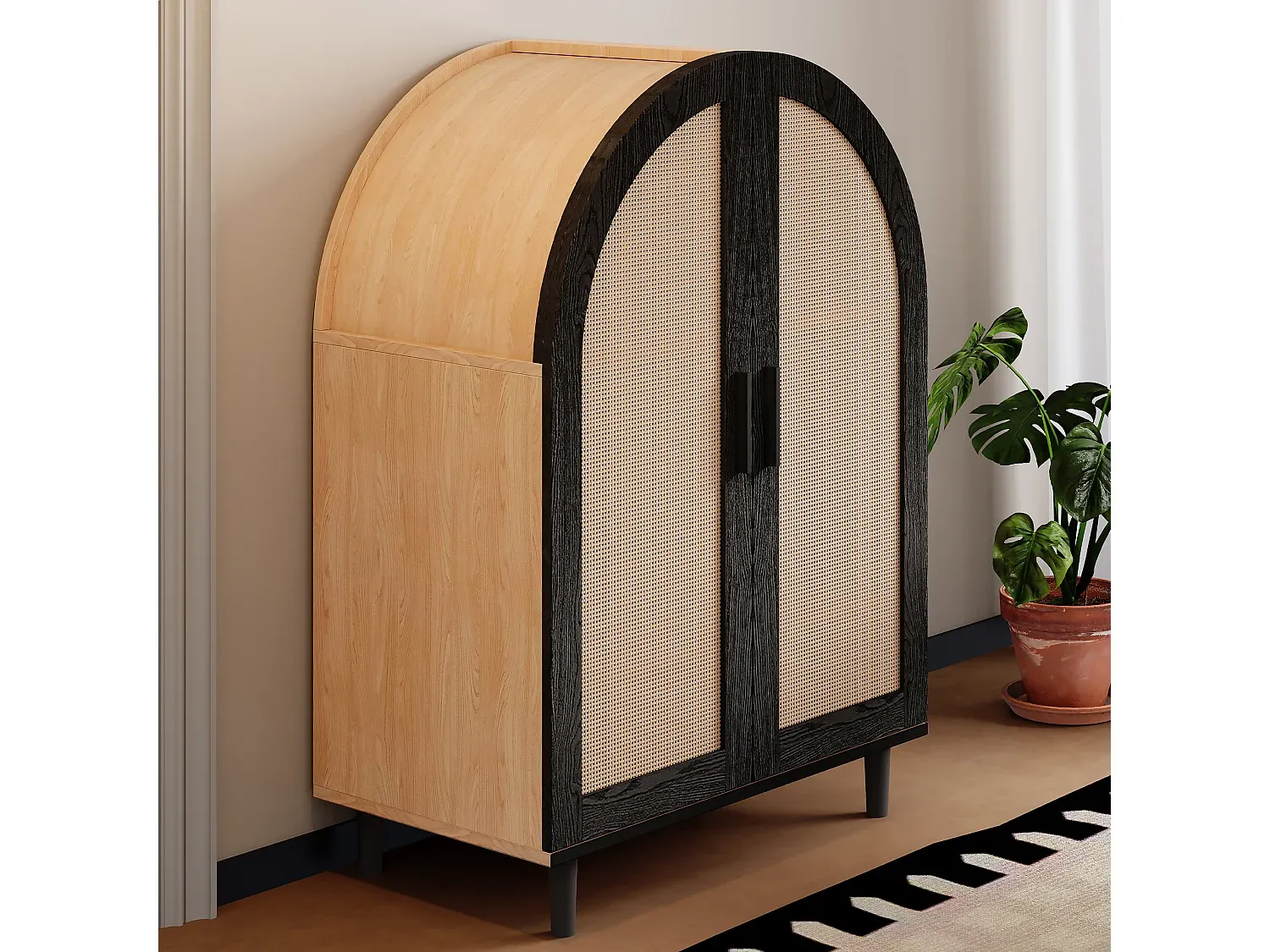 Holzschuhschrank mit Rattantüren und Einlegeböden für Flur