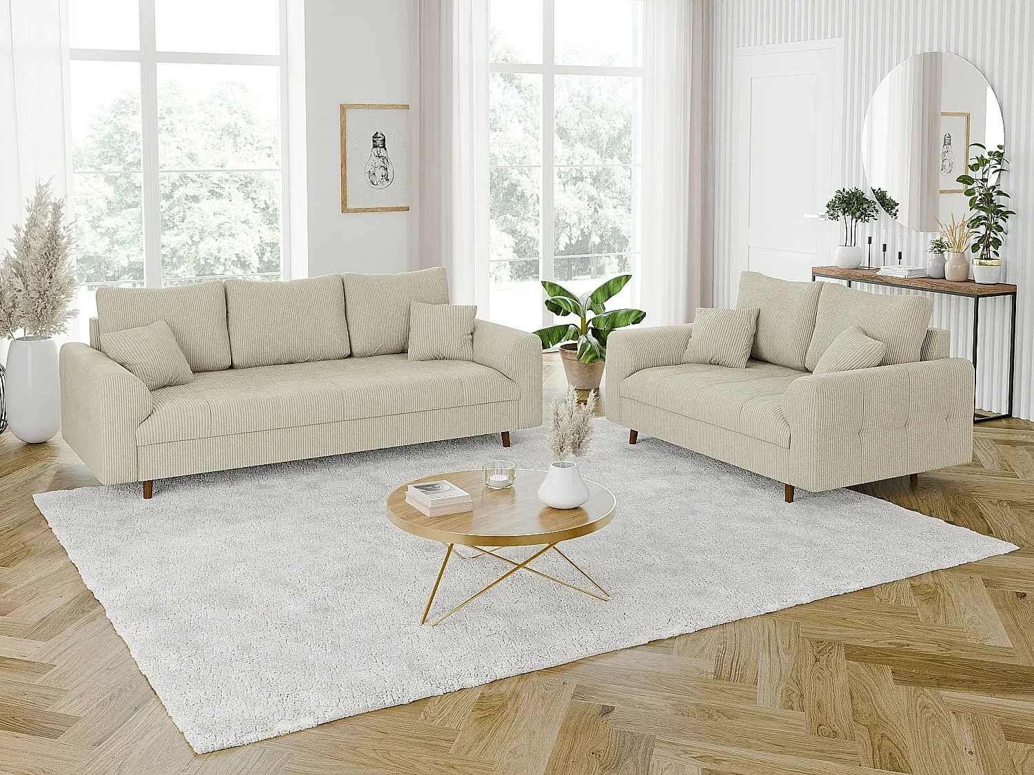 Skandinavische Polstergarnitur 3+2 mit Holzfüßen aus Cord-Stoff Beige