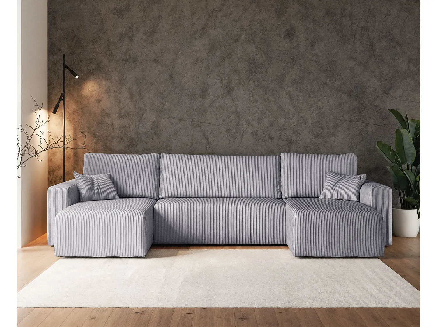 Große Ecksofa mit Bettfunktion und Stauraum in Hellgrau