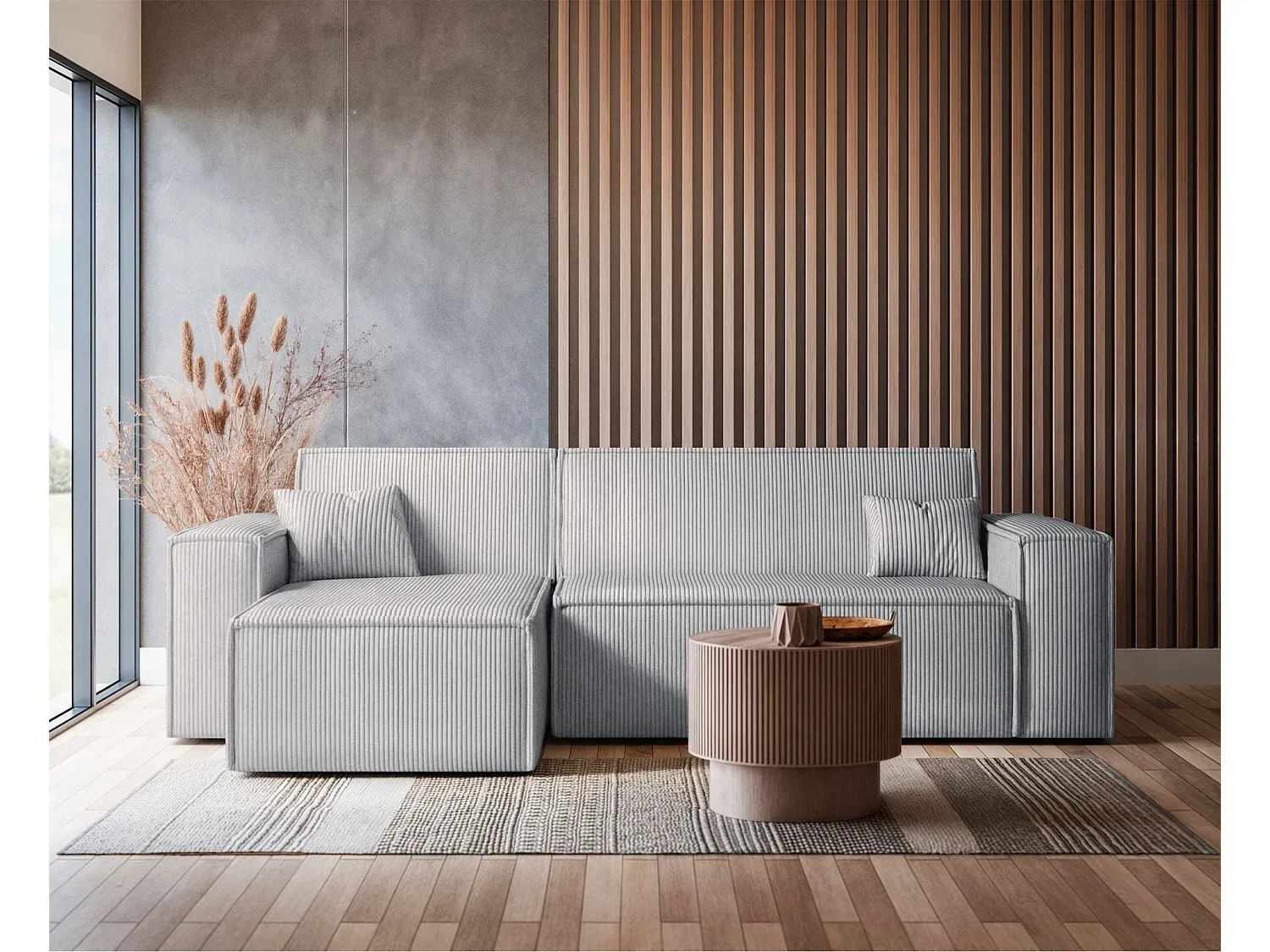 Ecksofa mit Schlaffunktion und Cordbezug in Hellgrau