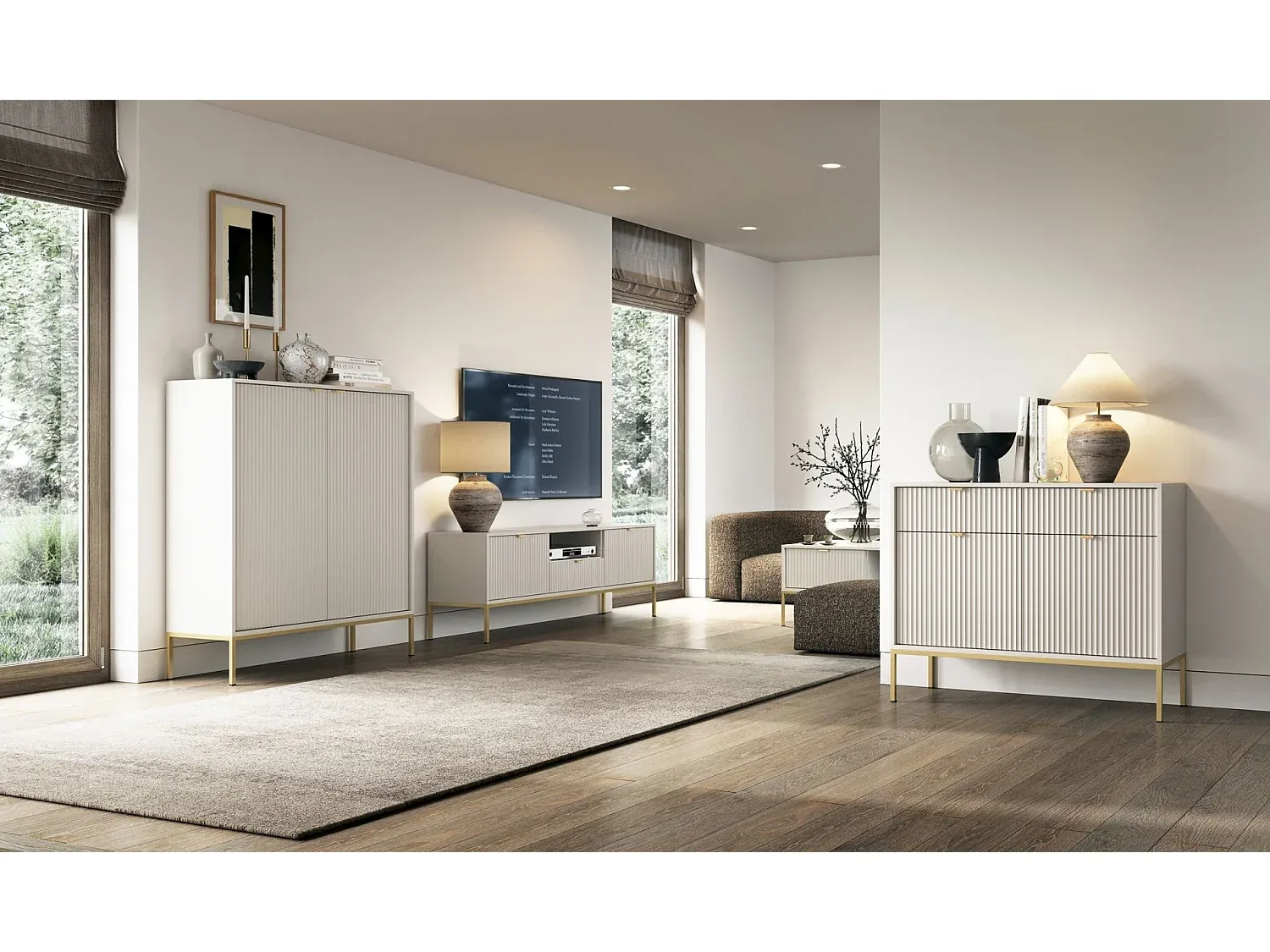 Modernes Highboard mit goldfarbenem Gestell, 2-türig, Greige