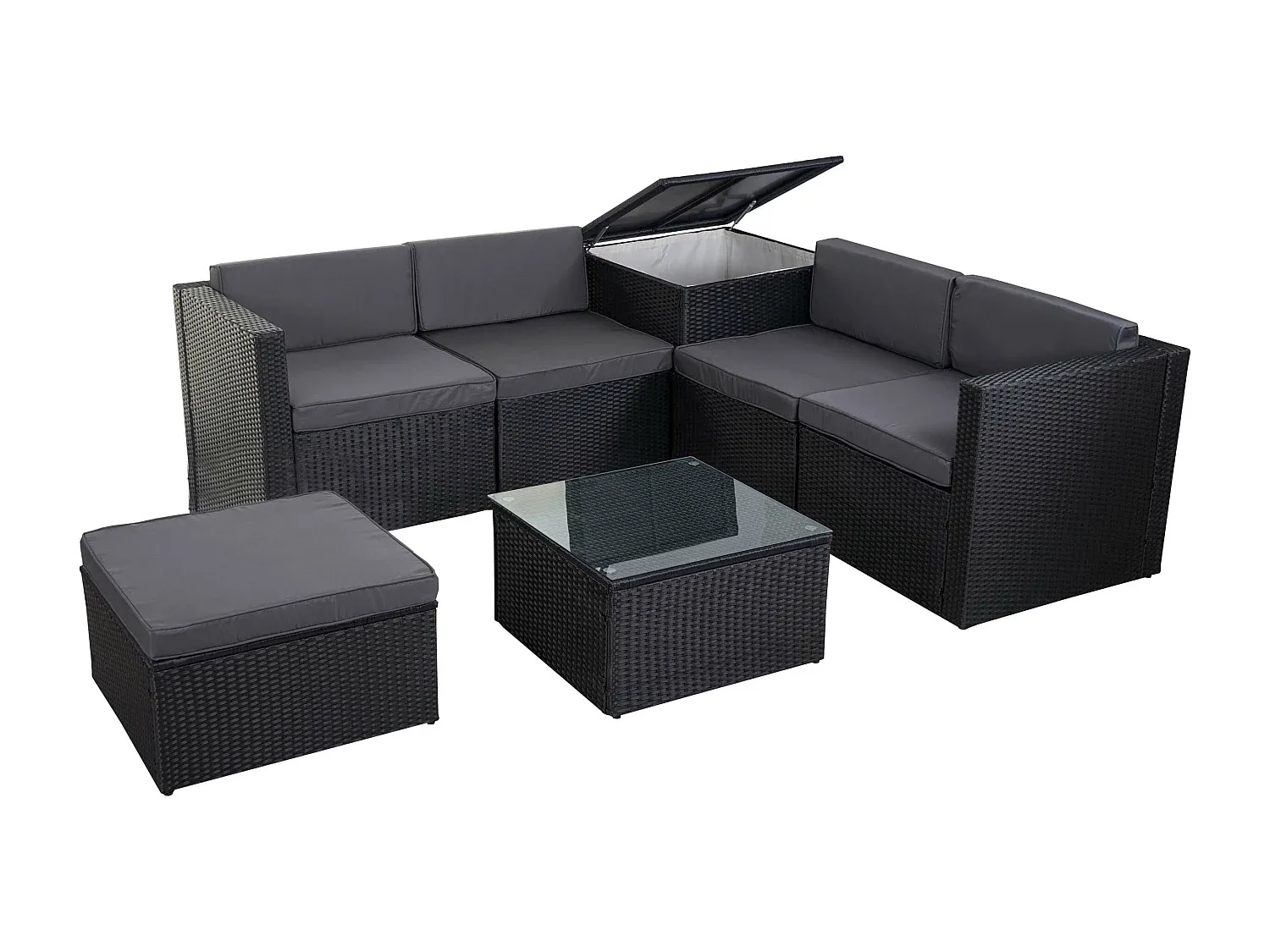 Gartenmöbelset mit Stauraum und dunkelgrauen Kissen