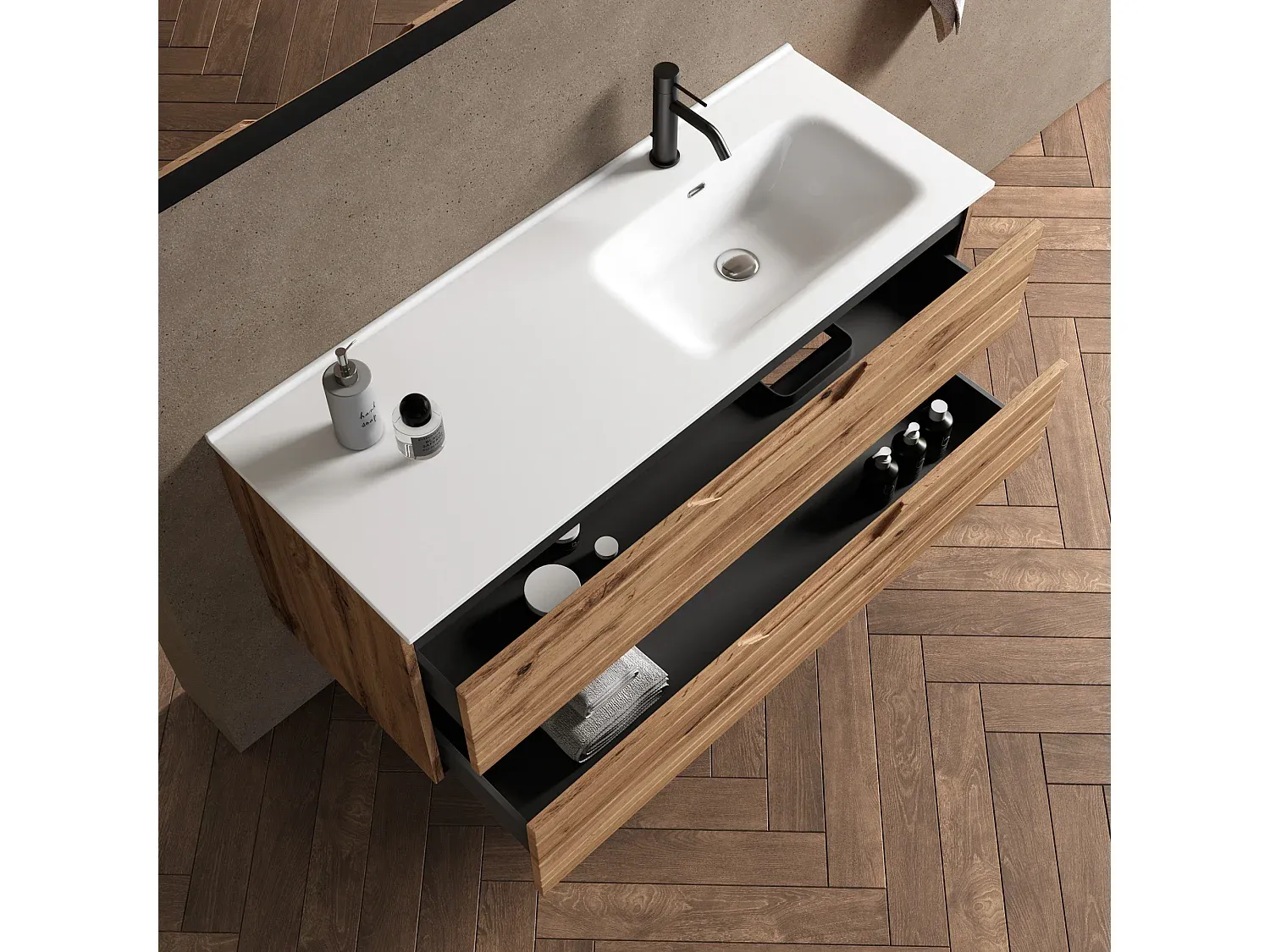 Modernes Eckbadewannenset mit Holzoptik