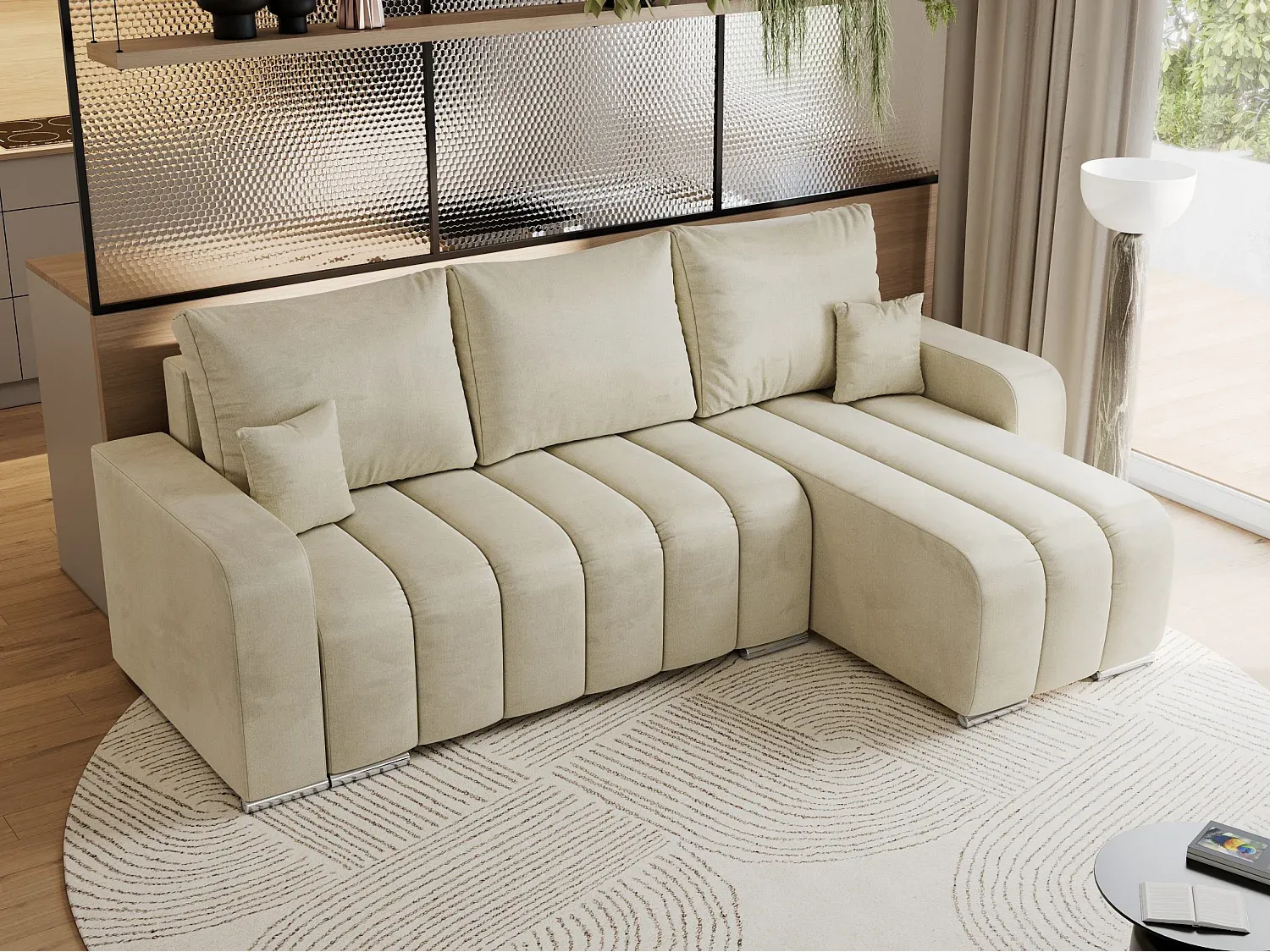Ecksofa mit Schlaffunktion und Stauraum, Samt Beige