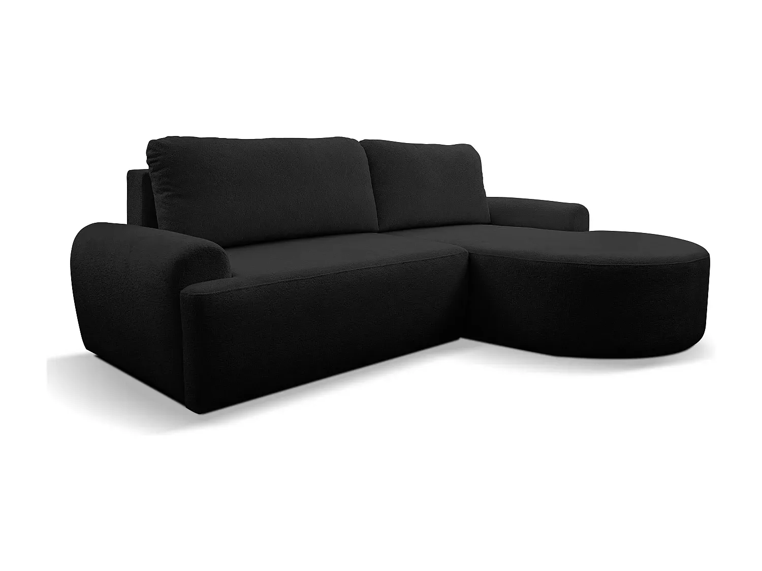 L-förmiges Sofa mit Schlaffunktion und Stauraum, Bouclé-Stoff, Schwarz, Ottomane rechts