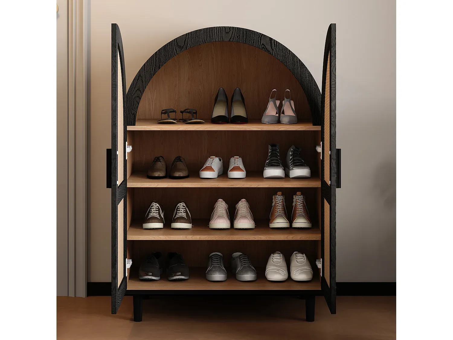 Holzschuhschrank mit Rattantüren und Einlegeböden für Flur