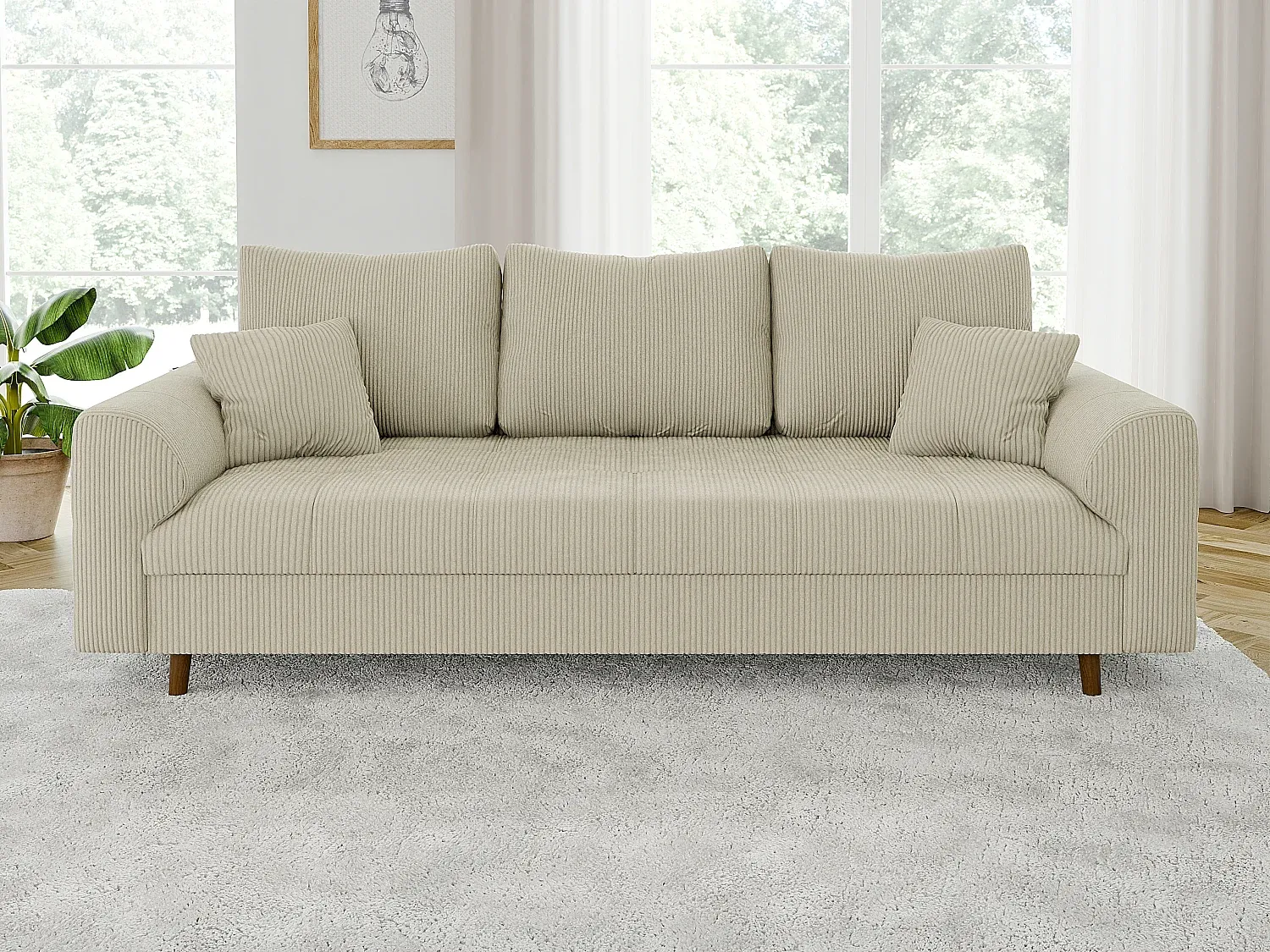 Skandinavische Polstergarnitur 3+2 mit Holzfüßen aus Cord-Stoff Beige