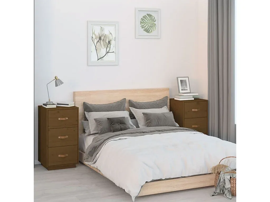 Nachttisch Set aus Massivholz Kiefer in Honigbraun, 2 Stück