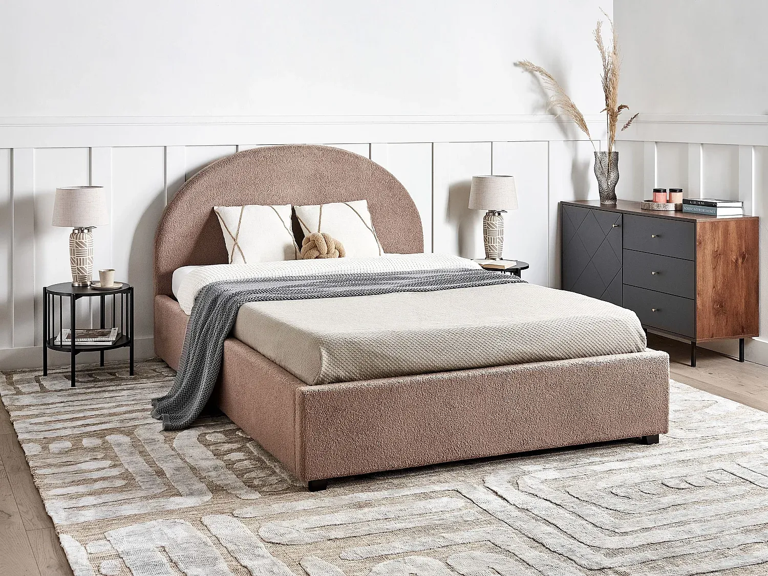 Doppelbett mit Stauraum und Bouclé-Polsterung in Taupe, 140 x 200 cm