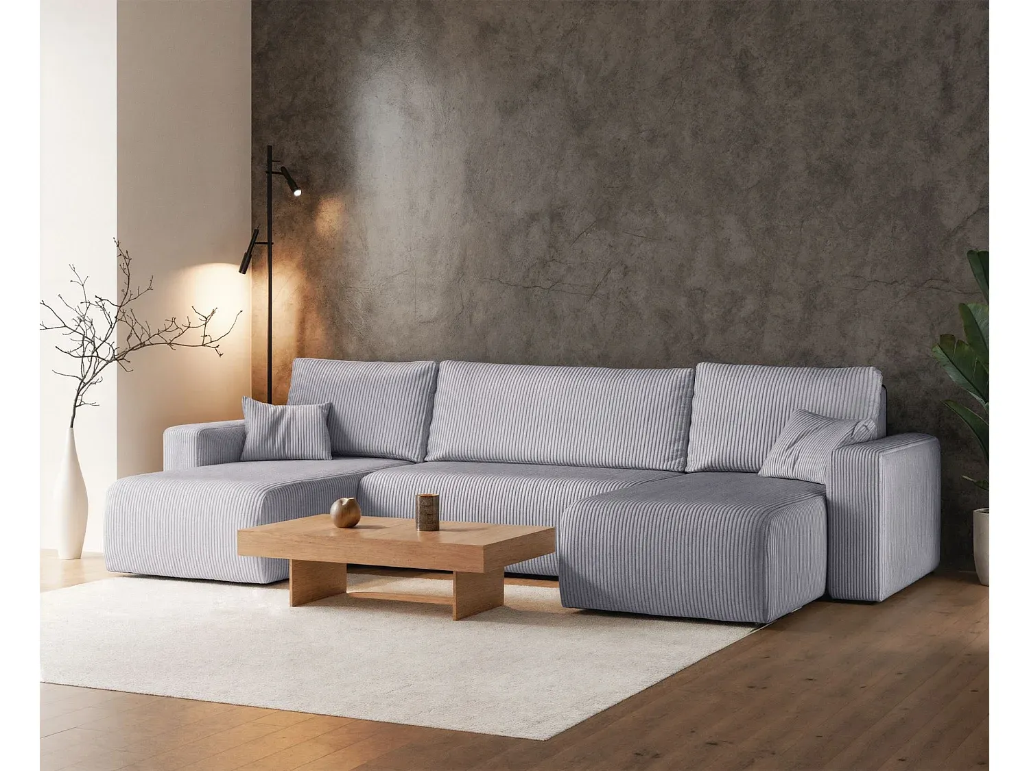 Große Ecksofa mit Bettfunktion und Stauraum in Hellgrau