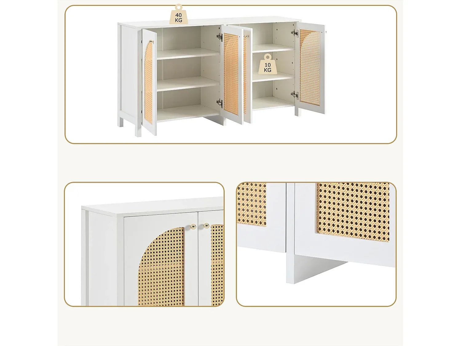 Elegantes Sideboard mit flexiblen Fächern und Rattantüren