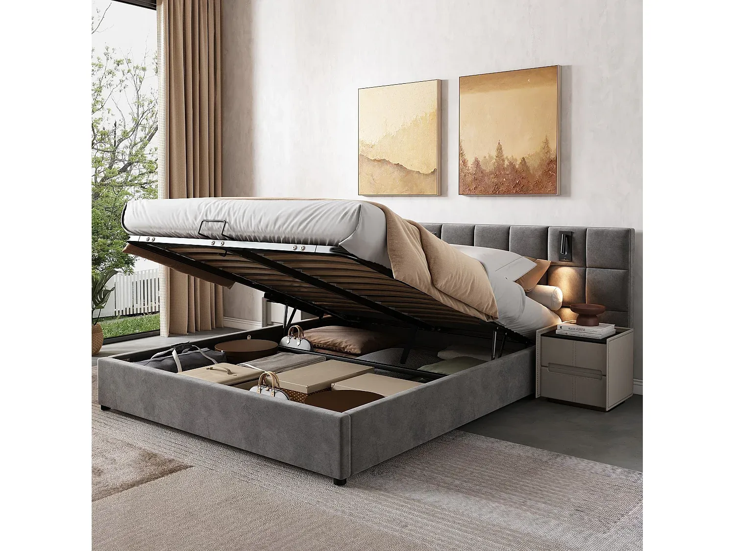 Hydraulisches Doppelbett 180x200 cm mit Beleuchtung und USB-Anschluss, großes Kopfteil, grauer Samt