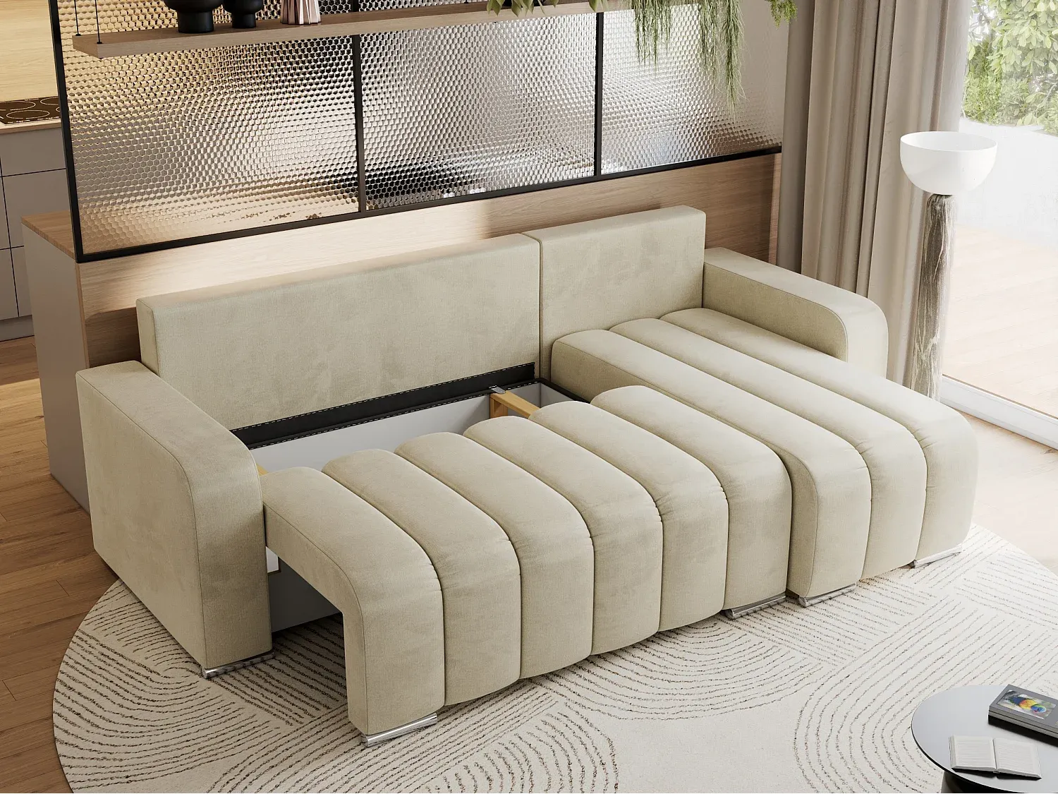 Ecksofa mit Schlaffunktion und Stauraum, Samt Beige
