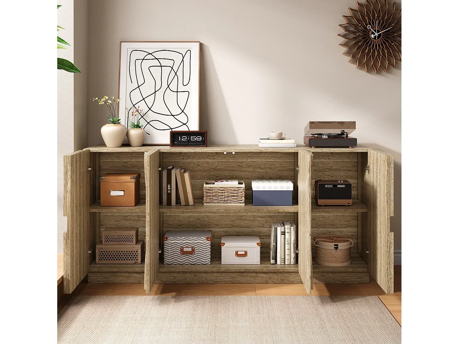 Skandinavisches Sideboard mit 4 Türen, 160 x 40 x 80 cm, helles Holz