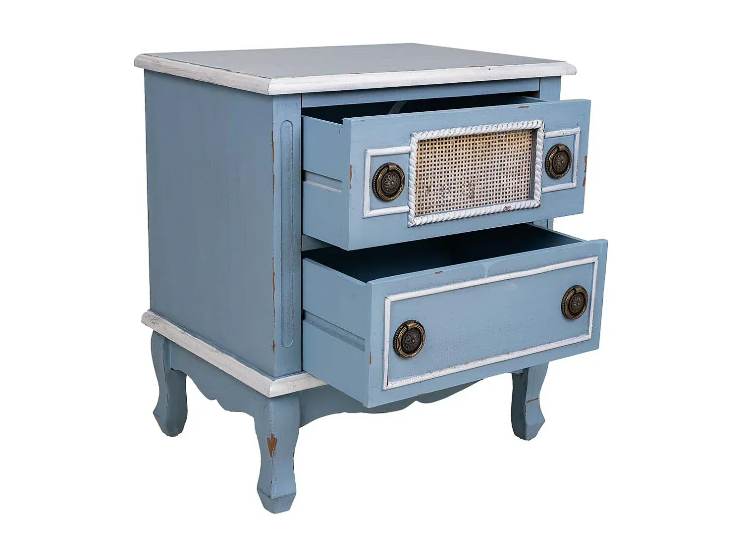 Holznachttisch in Blau mit Schubladen