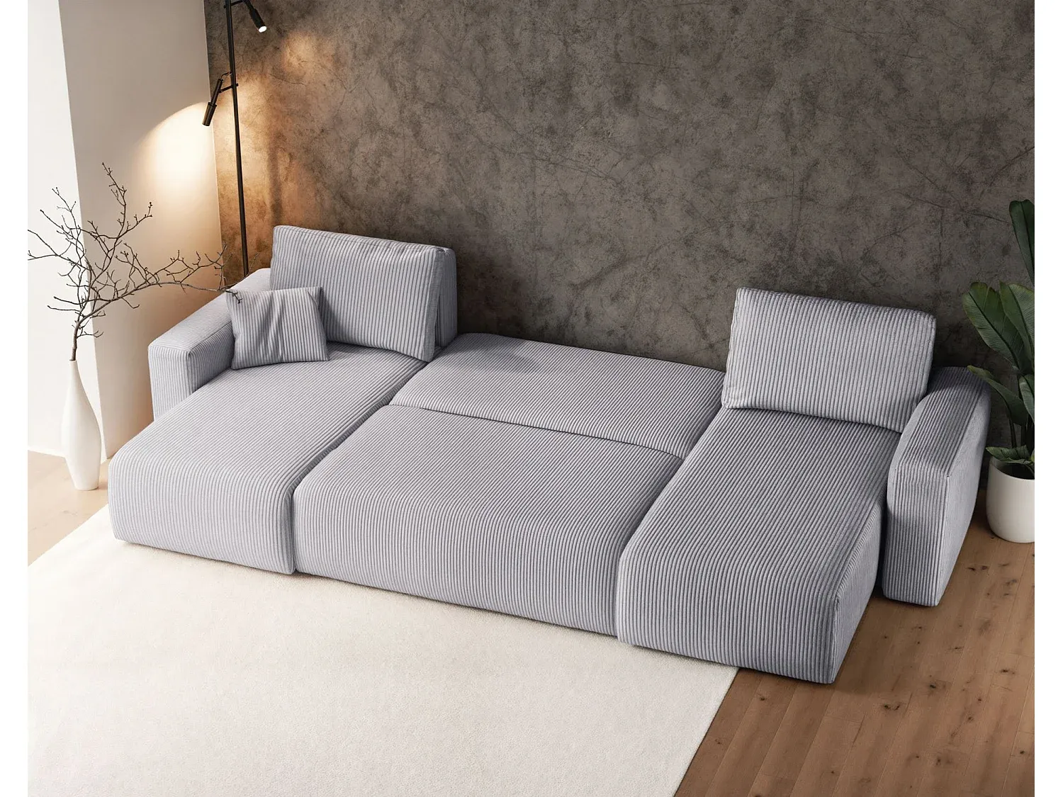 Große Ecksofa mit Bettfunktion und Stauraum in Hellgrau