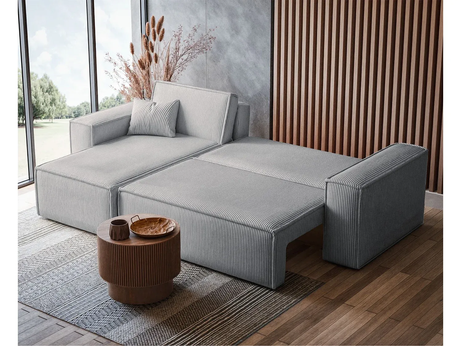 Ecksofa mit Schlaffunktion und Cordbezug in Hellgrau