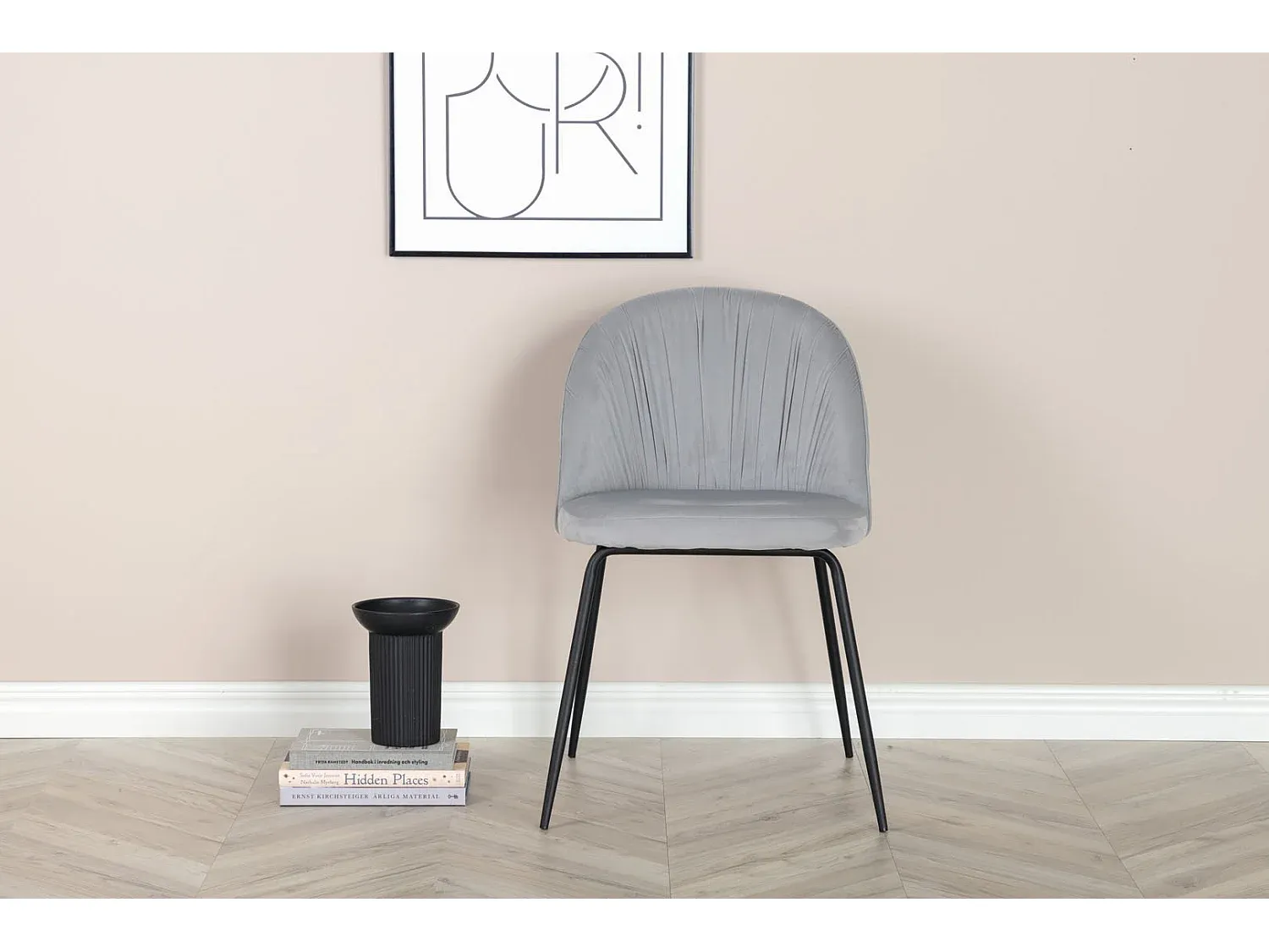 Grauer Velours Esszimmerstuhl