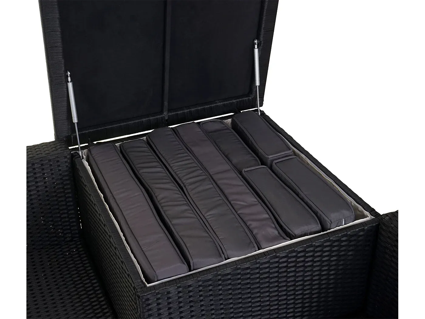 Gartenmöbelset mit Stauraum und dunkelgrauen Kissen