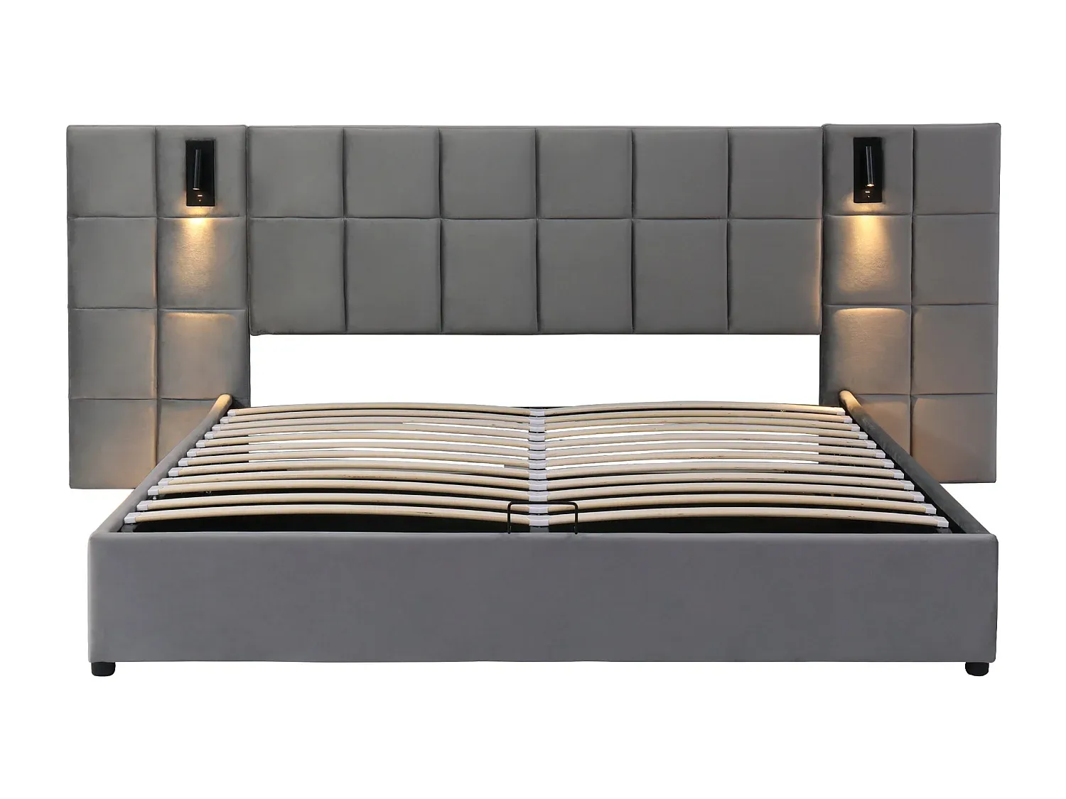 Hydraulisches Doppelbett 180x200 cm mit Beleuchtung und USB-Anschluss, großes Kopfteil, grauer Samt