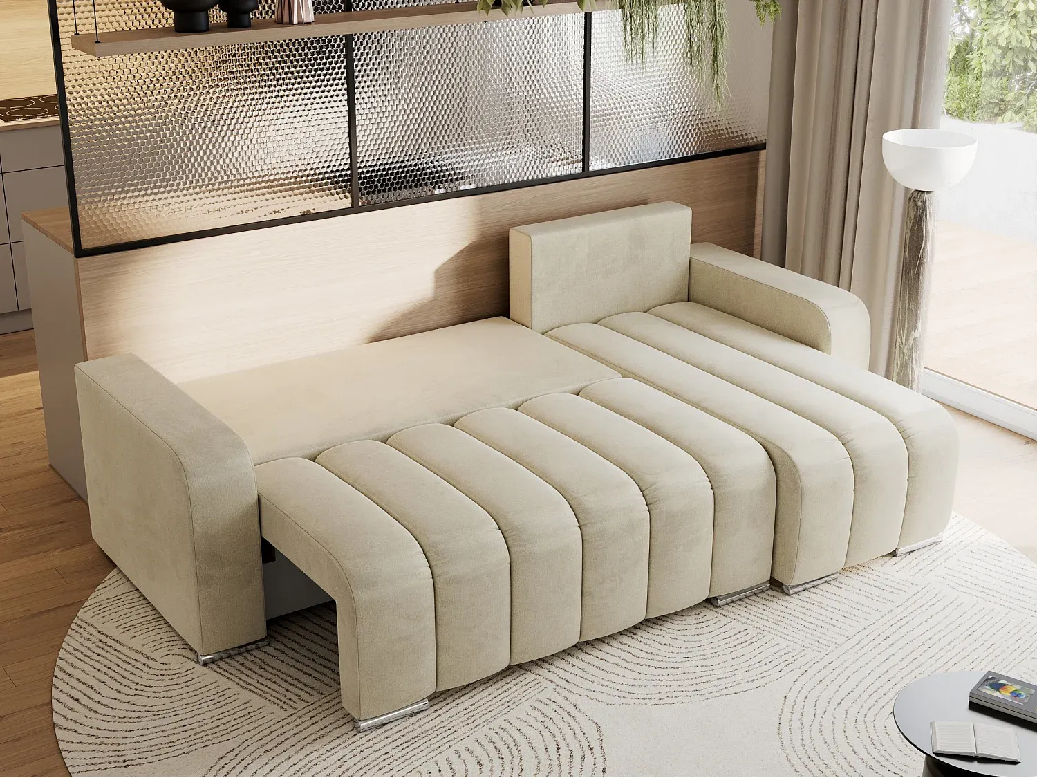 Ecksofa mit Schlaffunktion und Stauraum, Samt Beige